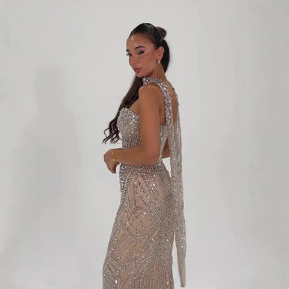 Luxury Nude Crystal Beaded Mermaid Evening Dress LA73375