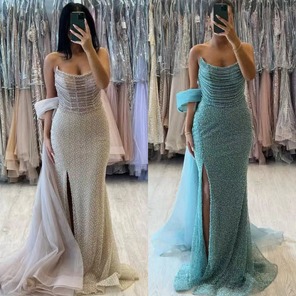 Luxury Evening Dress Nude BeadedSheath Gown With Tulle Train LA73388