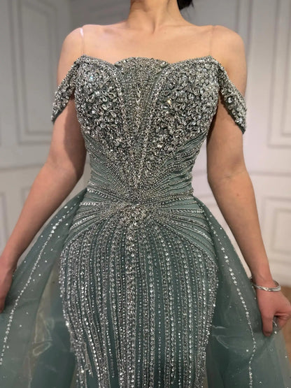 Luxury Beaded Nude Off Shoulder Mermaid Evening Dress LA73392