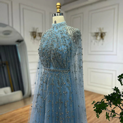 Luxury Blue Beaded A-Line Evening Gown with Cape Sleeves LA71803G