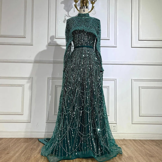 Luxury Modest Sage Green Evening Dress with Pearls LA72032B