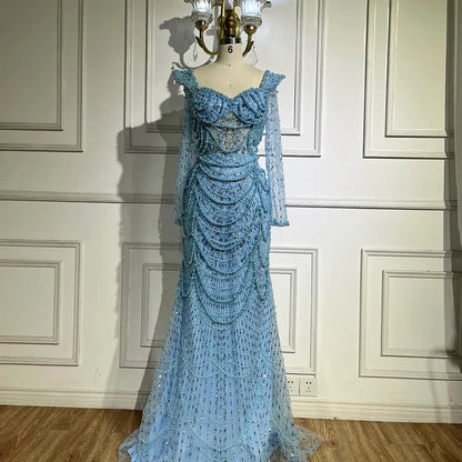 Serene Hill  Arabic Sage Green Sweetheart Mermaid Pearls Beaded Luxury Dubai Evening Gown for Women's Party LA72660