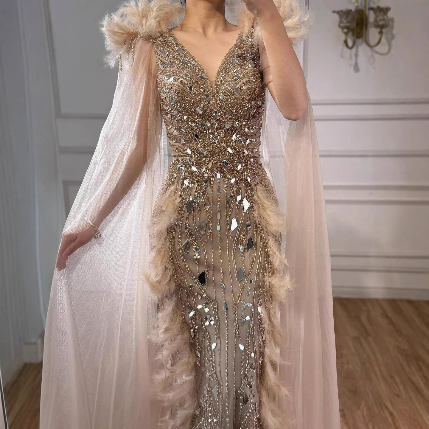 Luxury Caramel Feather Mirror Beaded Mermaid Evening Dress With Cape LA73328
