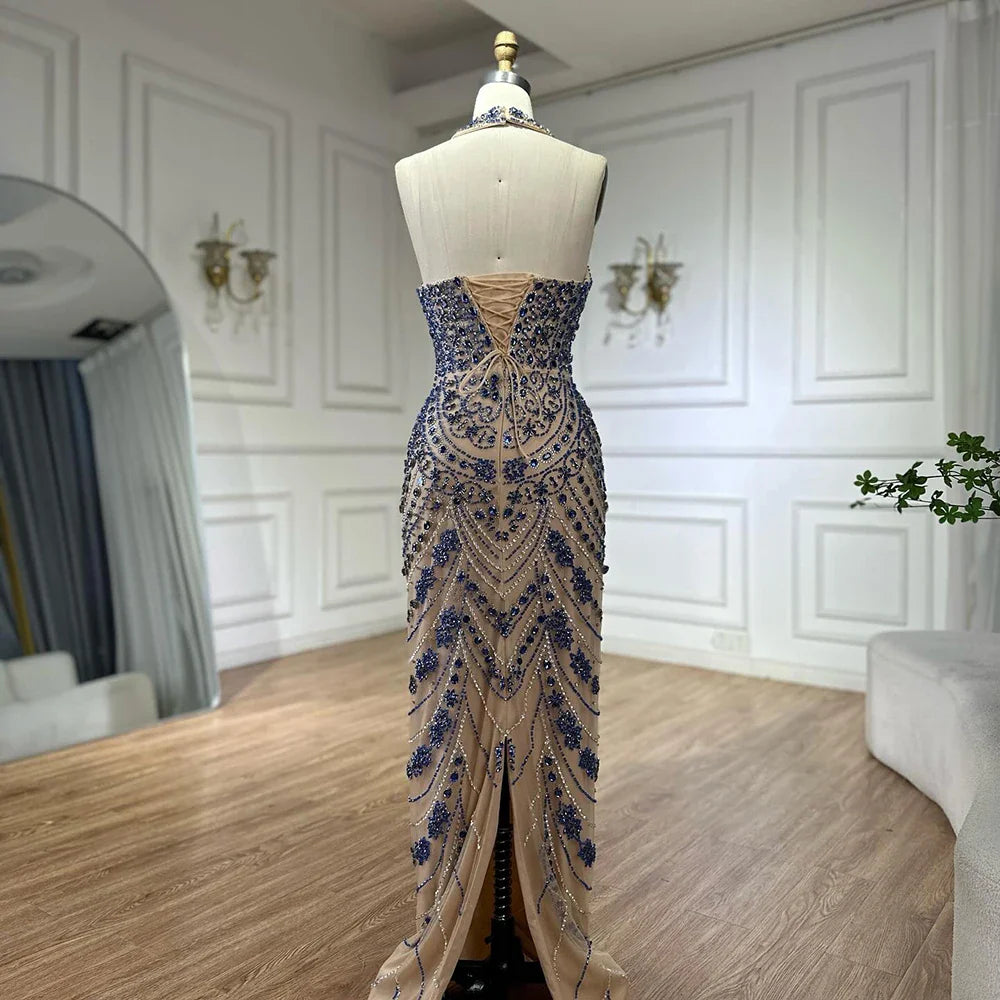 Luxury Blue Halter Crystal Beaded Evening Dress LA72760