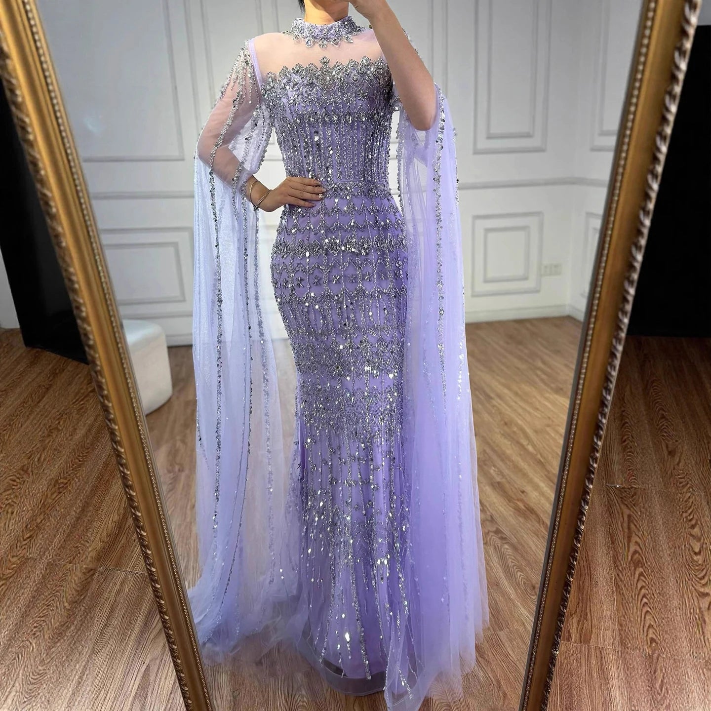 Luxury Nude Beaded Evening Dress with Long Cape Sleeves LA72714A