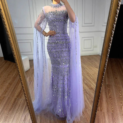 Luxury Nude Beaded Evening Dress with Long Cape Sleeves LA72714A