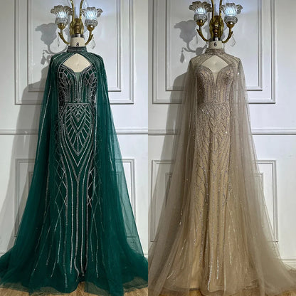 Luxury Dubai   Saudi Green Mermaid Arabic Evening Dresses with Beaded Cape Sleeves for Formal Occasion LA72838
