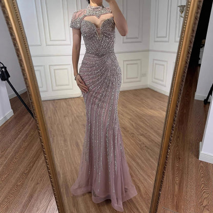 Nude Mermaid Evening Dress with Detachable Beaded High Neck LA73087