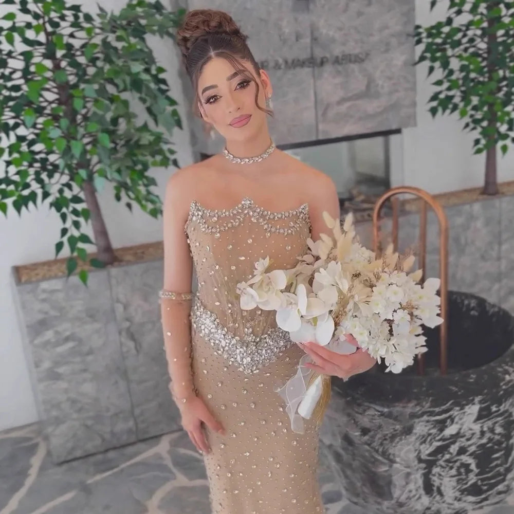 Luxury Nude Strapless Crystal Beaded Mermaid Evening Gown with Gloves LA73138