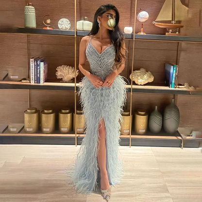 Luxury Classy blue Feathers Beaded Mermaid Prom Dress with Split LA70623