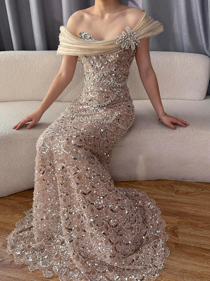 Luxury Nude Beaded Off Shoulder Mermaid Evening Dress LA73365A