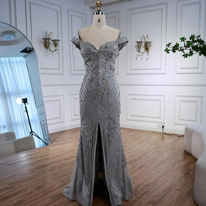 Luxury Silver Gray Off Shoulder Mermaid Evening Dress LA73018