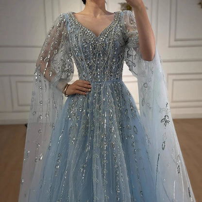 Luxury Nude Beaded Evening Dress with Cape Sleeves for Formal Occasion LA72764A