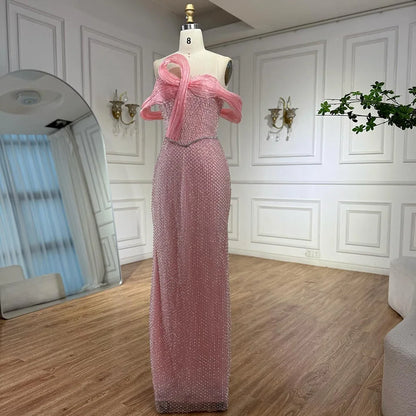 Luxury Pink Off Shoulder Mermaid Evening Dress with Bow LA73058