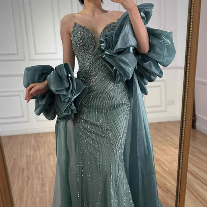 Luxury Red Strapless Mermaid Evening Dress with Cape LA72896