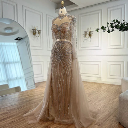 Luxury Nude Modest Beaded Evening Dress Long Sleeves With Overskirt LA72990