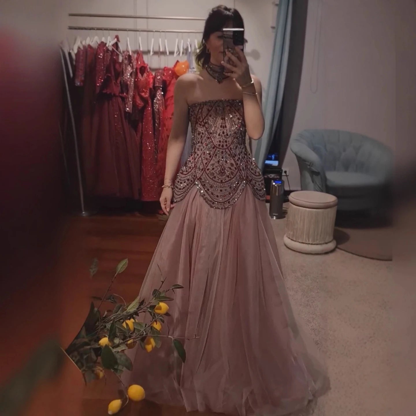 Luxury Wine Red Arabic Beaded A-Line Evening Dress LA73377