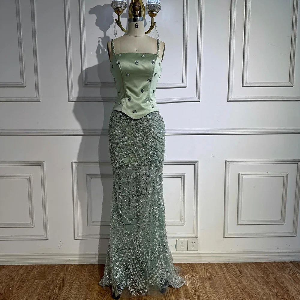 Luxury Sage Green Beaded 1 Pieces Evening Dress LA72977