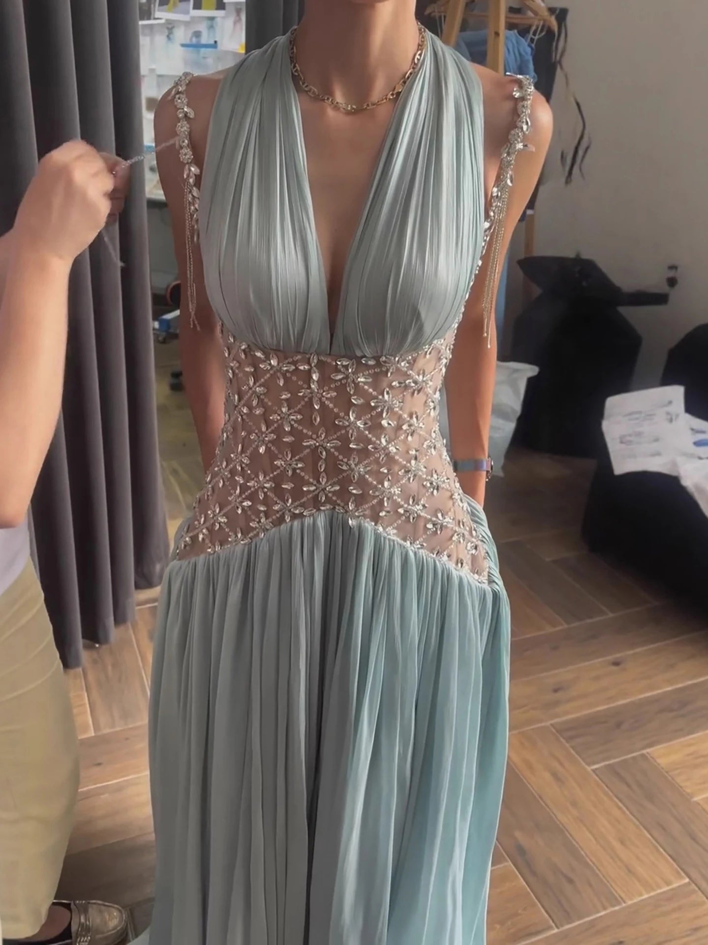 Luxury Turquoise Crystal Beaded A-Line Evening Dress LA73421
