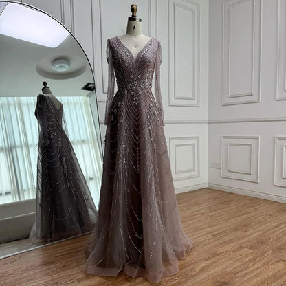 Luxury Pink Beaded A-Line Evening Dress 2025 with V Neck & Long Sleeves LA73114
