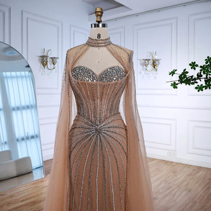 Nude Luxury Beaded Mermaid Evening Gown with Cape Sleeves LA72811A
