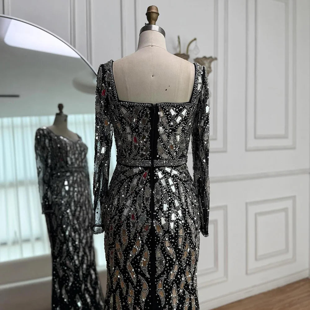 Luxury Black Silver Sequin Long Sleeve Mermaid Evening Dress LA73113