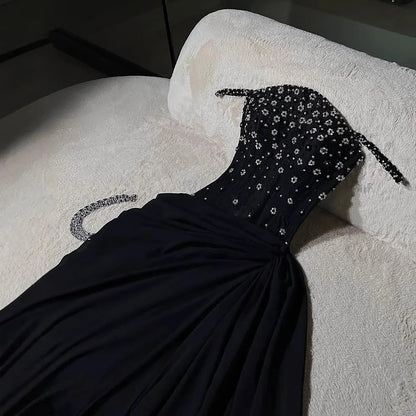 Luxury Black Beaded Mermaid Prom Dress with Spaghetti Straps LA73047