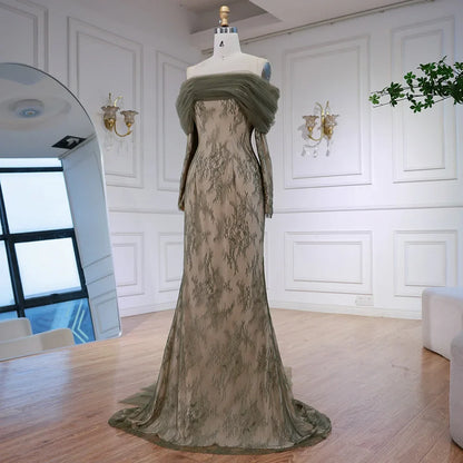 Elegant Olive Green Evening Dress with Lace Sleeves LA72942