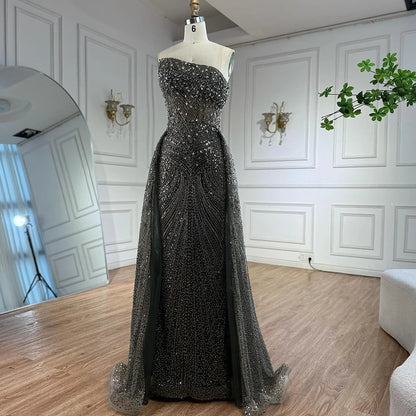 Luxury Olive Green Beaded Mermaid Evening Dress with Overskirt LA73164