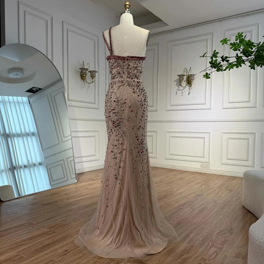 Luxury Red Saudi Arabic Crystal Beaded One Shoulder Evening Dress LA73135
