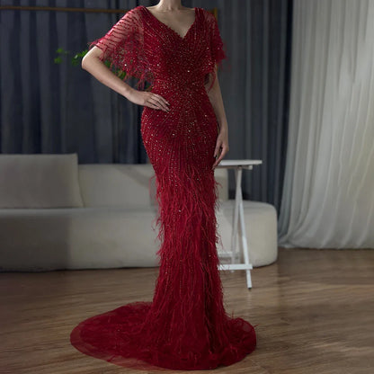 Dubai Feathers Brown Mermaid Evening Dresses  LA71323