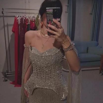 Luxury Gray Beaded Off-Shoulder Evening Dress with Cape Sleeves LA73076