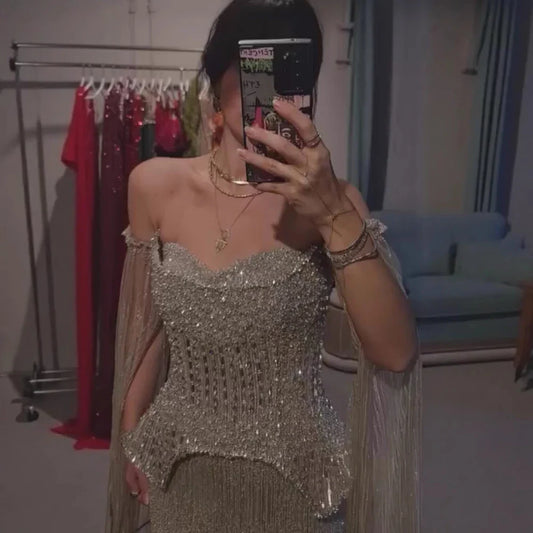 Luxury Gray Beaded Off-Shoulder Evening Dress with Cape Sleeves LA73076