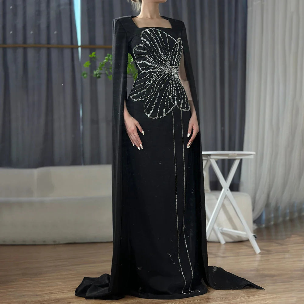 Elegant Black Luxury Beaded Arabic Evening Dress with Cape Sleeves LA72461