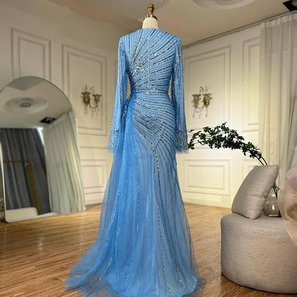 Luxury Dubai   Arabic Elegant Blue Beaded Saudi Evening Dresses Gowns for Formal Occasion LA72822