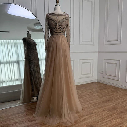 Luxury Dubai Nude  Evening Dress With Long Sleeves LA72967