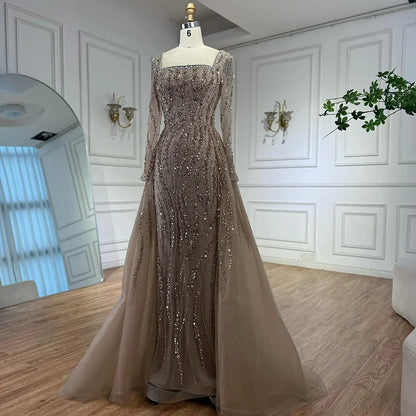 Luxury Arabic Caramel Beaded Mermaid Evening Dress with Overskirt LA72710A