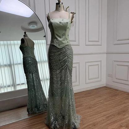 Luxury Sage Green Beaded 1 Pieces Evening Dress LA72977