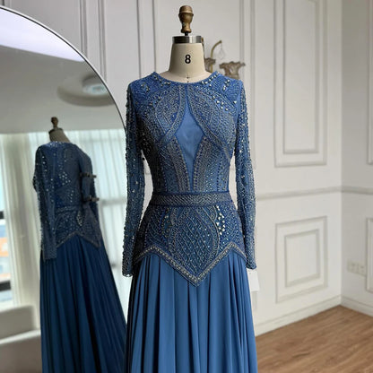 Luxury Designer  Blue Beaded Evening Dress with Long Sleeves LA72962