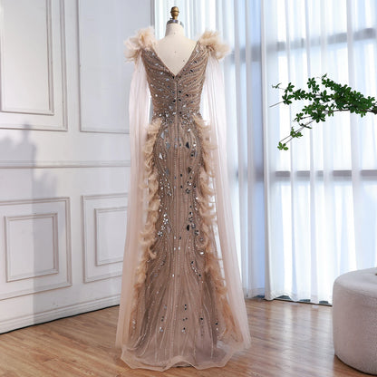 Luxury Caramel Feather Mirror Beaded Mermaid Evening Dress With Cape LA73328