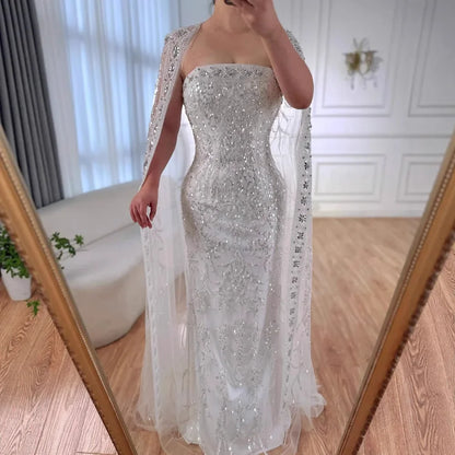 Luxury White Dubai Arabia Beading  Evening Dress With Cape LA72870