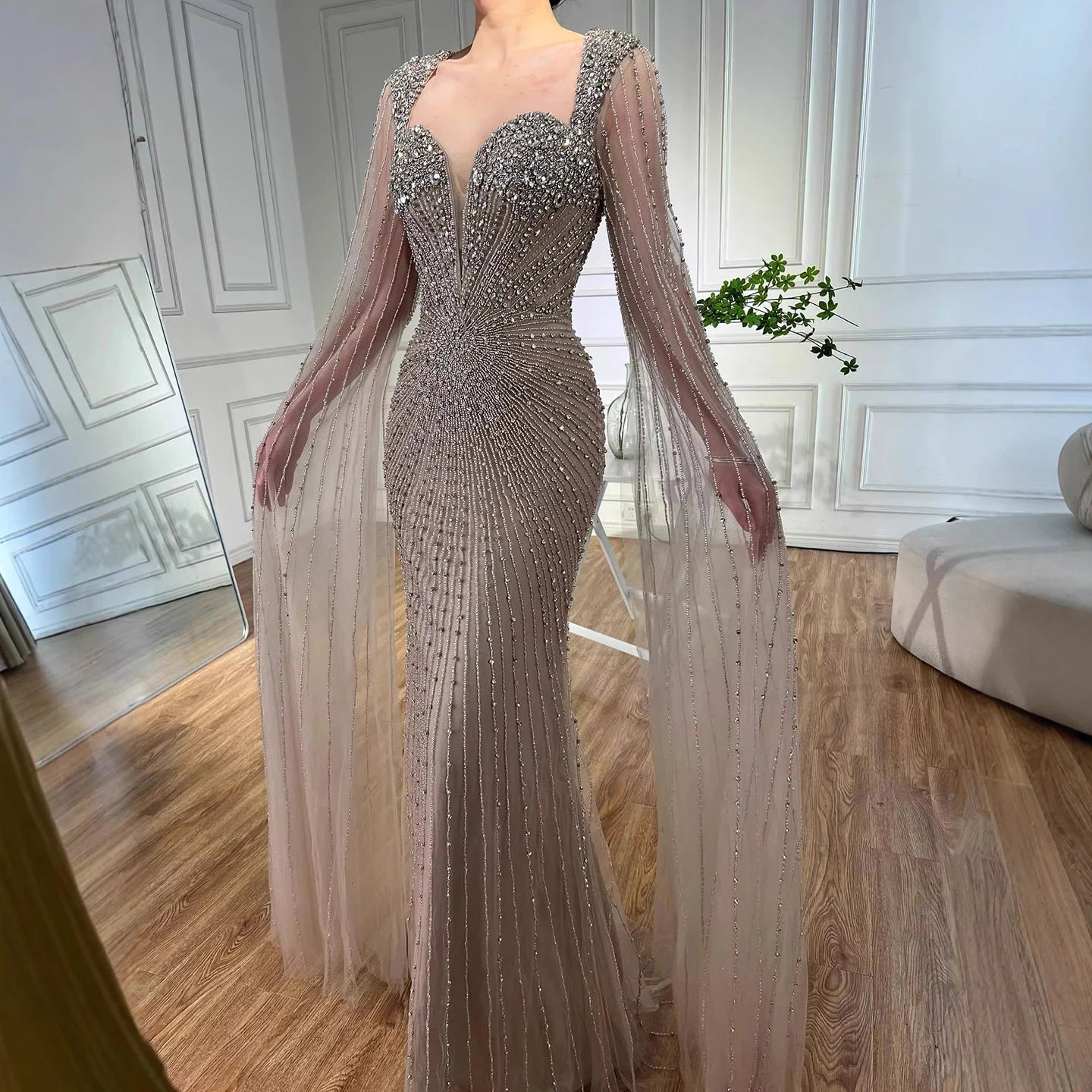 Luxury Caramel Crystal Beaded Mermaid Evening Dress with Cape LA72575D