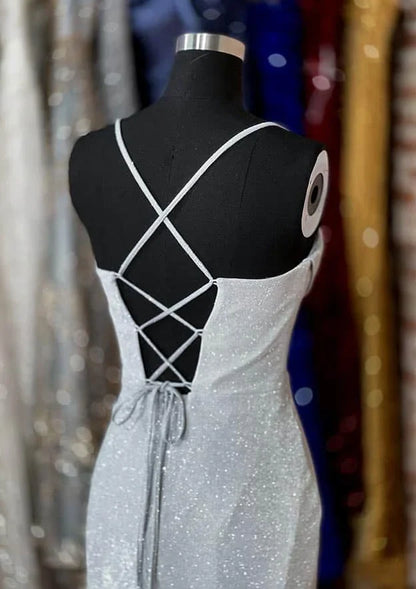 Serene Hill  Arabic Silver Elegant Mermaid Spaghetti Straps Glitter Prom Dress with Pleated Split for Women's Party LA72685
