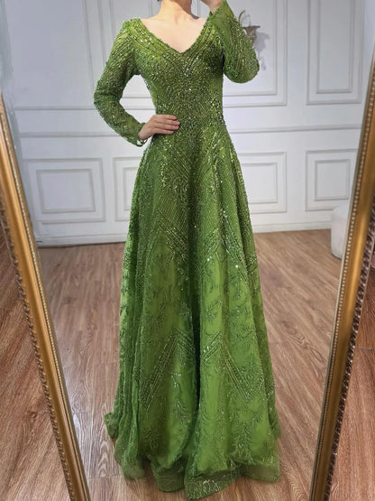 Luxury Lime Green Lace Beaded Long Sleeve Evening Dress LA73324