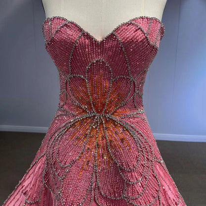 Serene Hill Dubai Arabia Peach A Line Satin Luxury Beaded Evening Dresses Gowns For Women Wedding Party 2025 LA72195