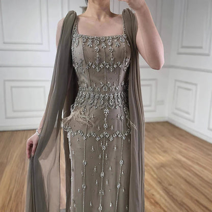 Luxury Caramel Beaded Mermaid Evening Dress with Feathers LA71492B