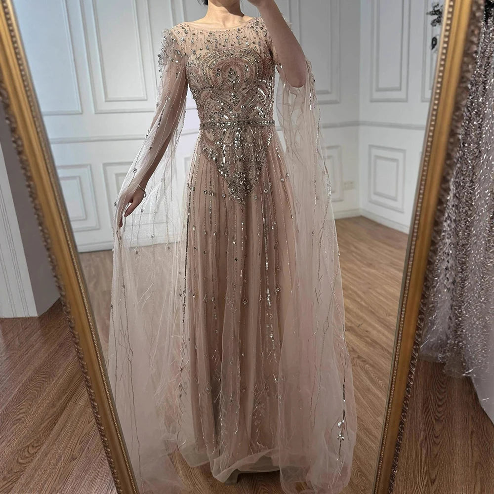 Luxury Designer Blue Beaded Stone Arabic Evening Dress With Cape Sleeve  LA72635