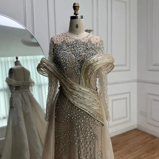 Luxury Nude Beaded Mermaid Evening Dress with Overskirt LA72932