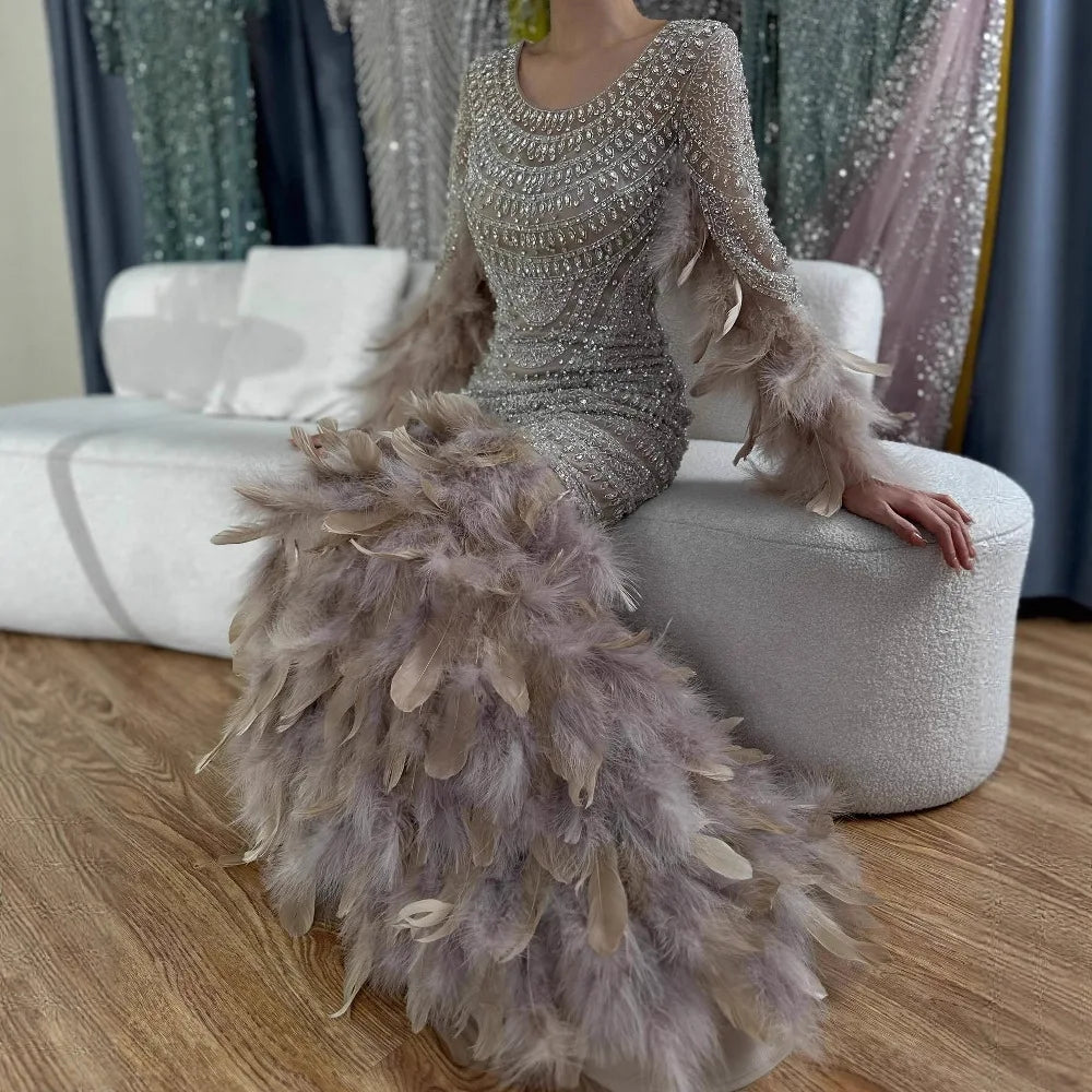 Luxury Dubai  Nude Saudi Arabic Evening Gown with Beaded Feathers Dress for Formal Occasion LA72736