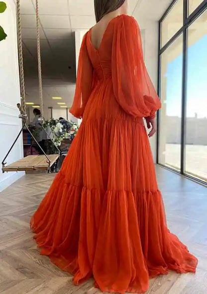 Serene Hill  Arabic Red A-Line Long Sleeve Floor-Length Chiffon Prom Dress with Pleats for Women's Party LA72688